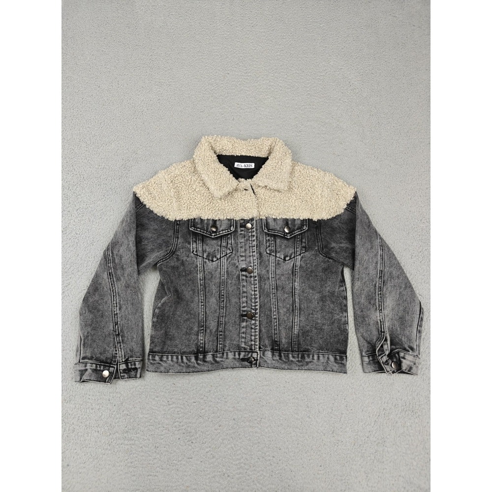 Ava Kris Jacket Womens Large Gray Denim Sherpa Collar Lined Button Front Pockets
